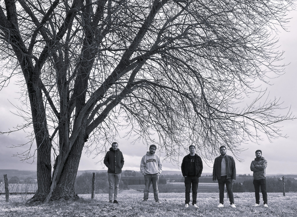 the band standing in front of a tree in an open landscape in the Ardennes